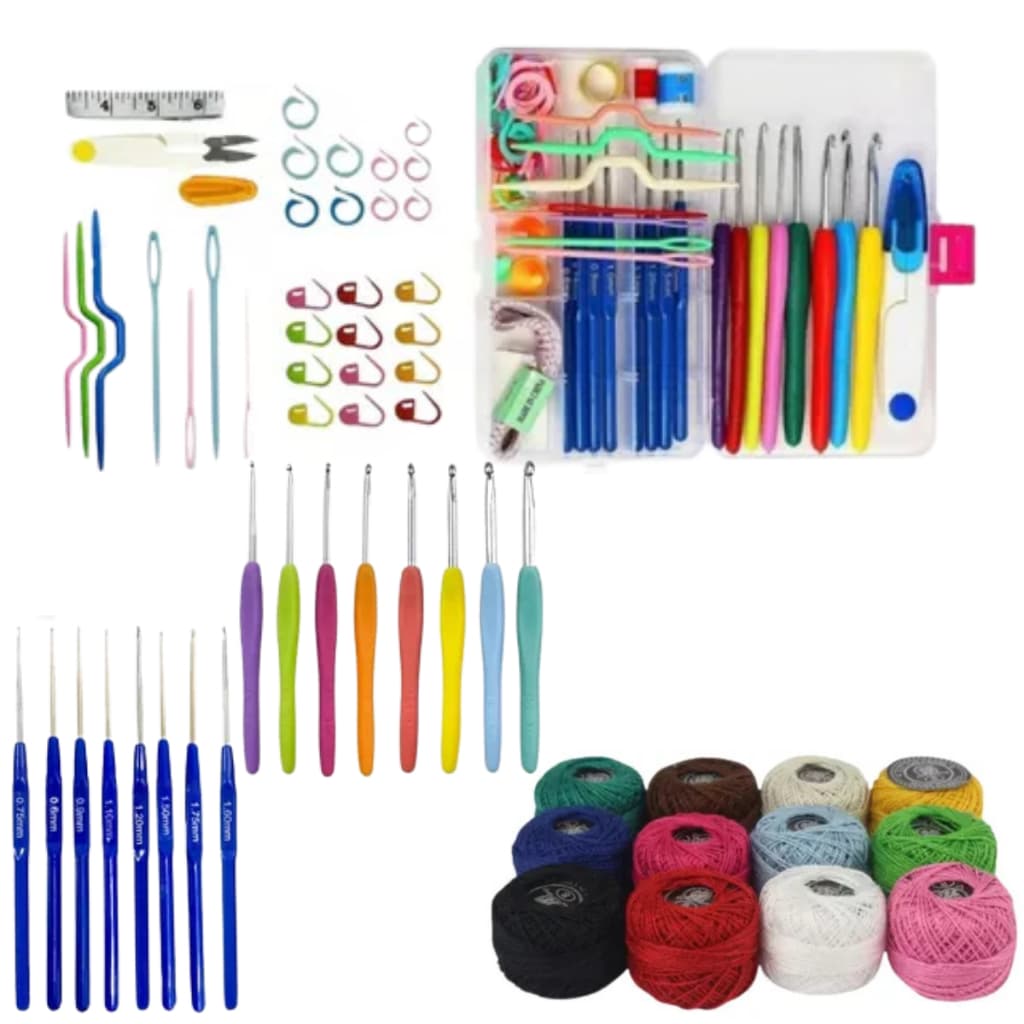 Kit Crochê 16 Agulhas + 16 Linhas De Algodão Color Amigurumi