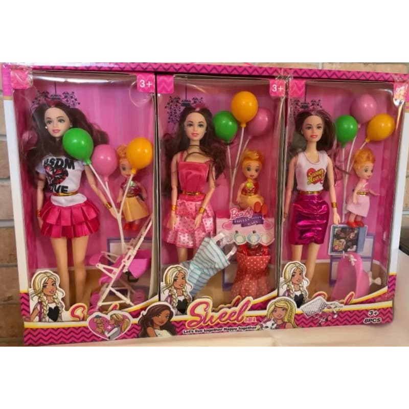 Boneca Fashion Com Roupa, Sapato, Balões Articulada Com Bebê E Acessórios carrinho bb, banheira,  Melhor Presente