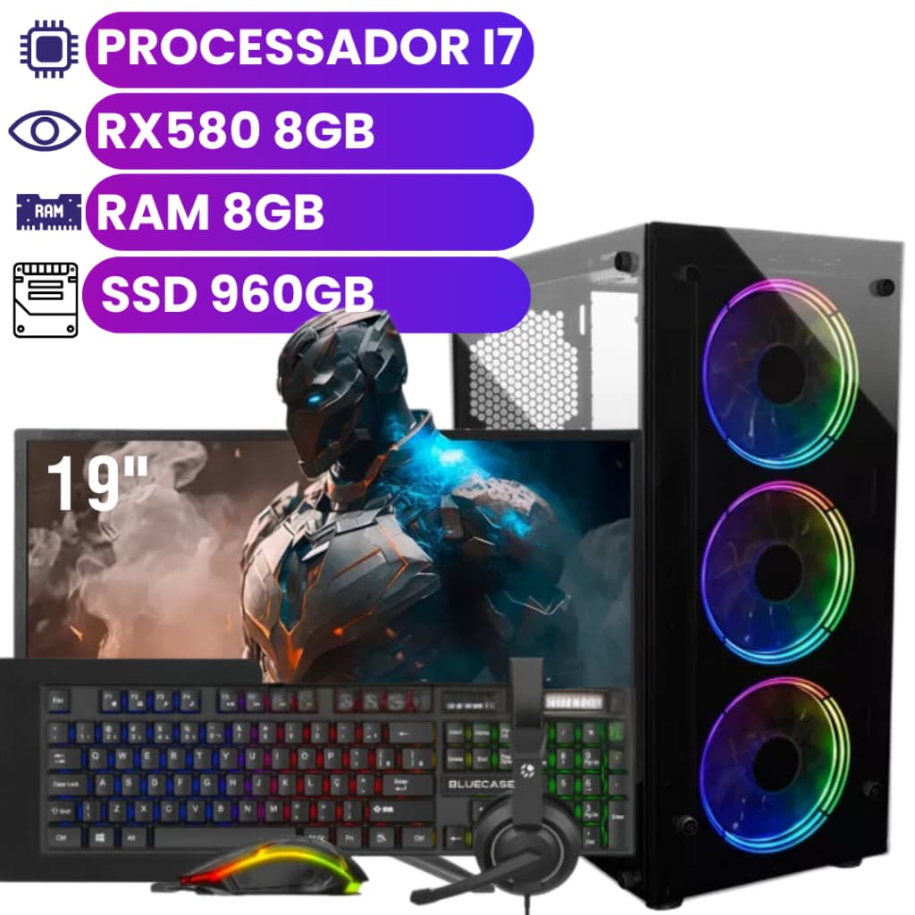 Computador Completo i7 3.4Ghz - Placa de Vídeo RX580 8GB - 8GB RAM - 960GB SSD - Monitor 19"