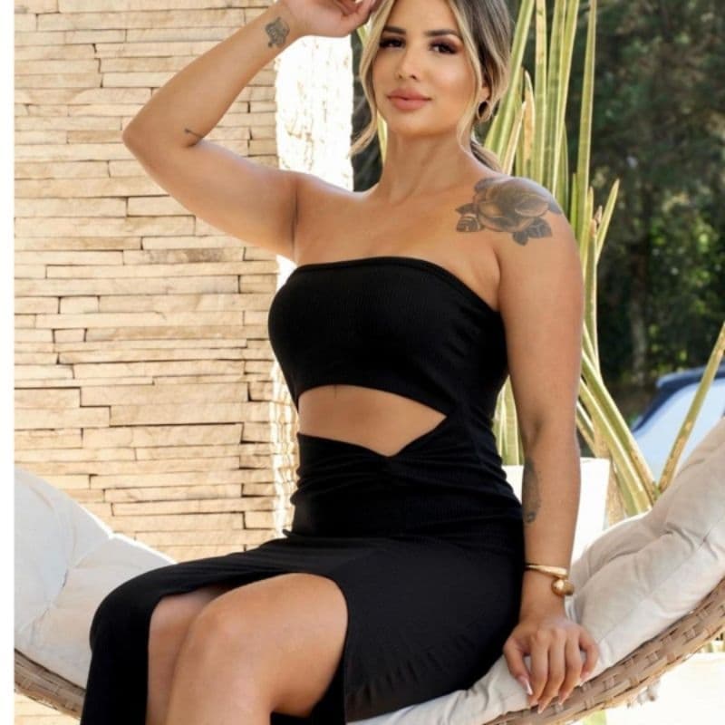 Vestido Midi Tomara que caia com fenda canelado longo Vestido feminino Preto justo Vestido festas