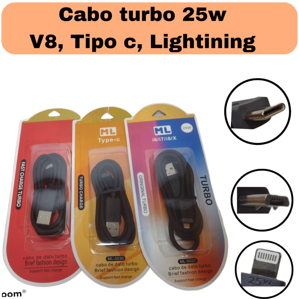Cabo carregador turbo tipo c v8 lightning iphone carregador de dados ultra rápido