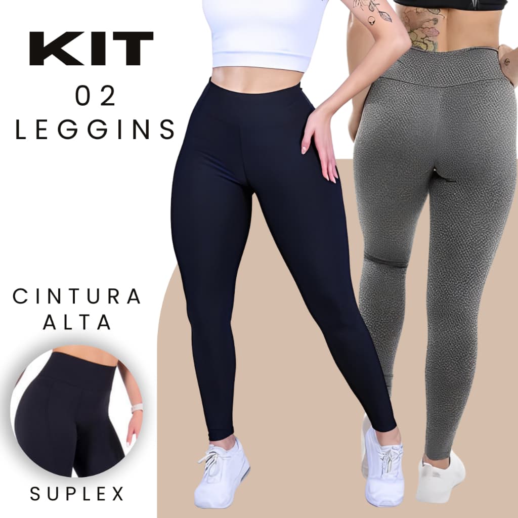 KIT 02 Calça Legging Cintura Alta Leg Suplex Grossa Levanta Bumbum Zero Transparência Fitness