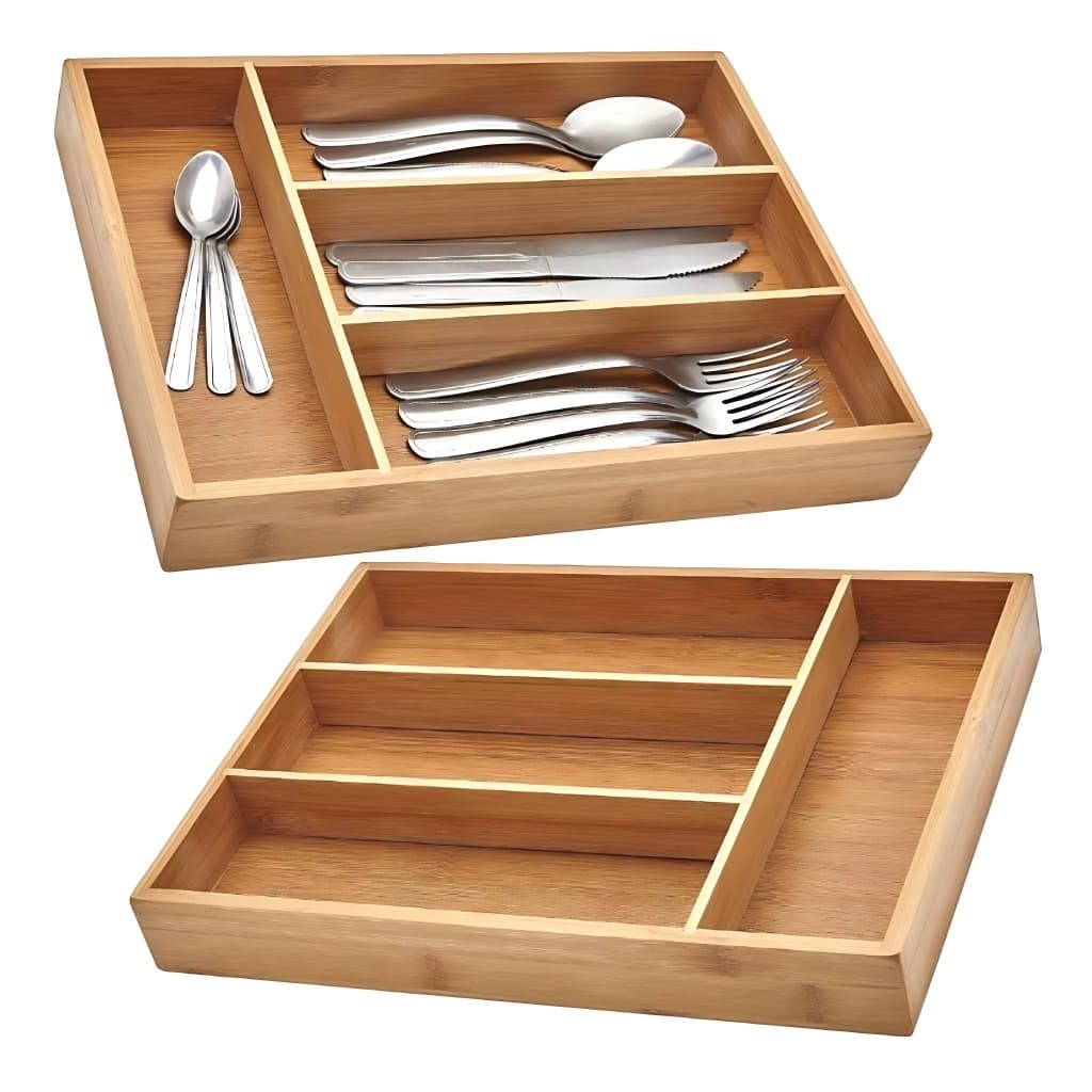 Porta Talheres Bambu Organizador 4 Divisórias Para Gaveta Divisor Madeira Bambu Cozinha Multiuso