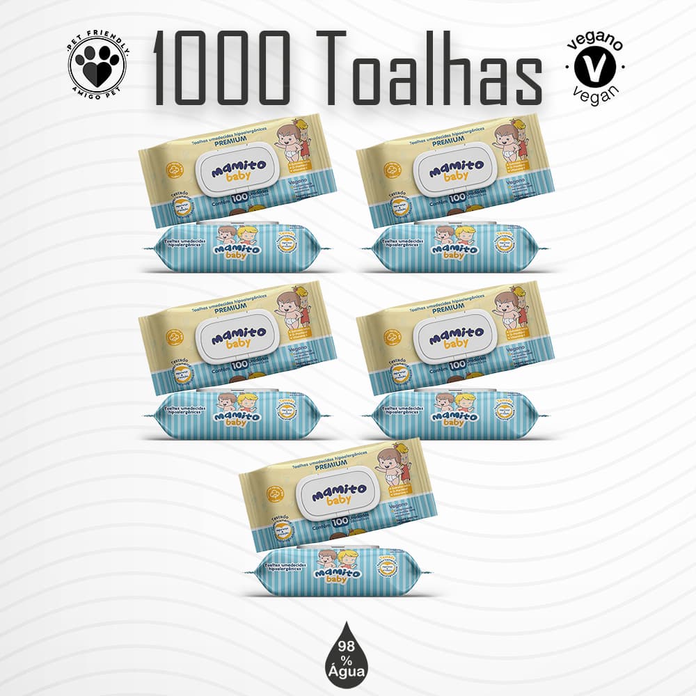 Kit com 10 Toalhas Umedecidas Premium 100 Folhas Mamito Baby Vegano 98% Água Lenço Umedecido
