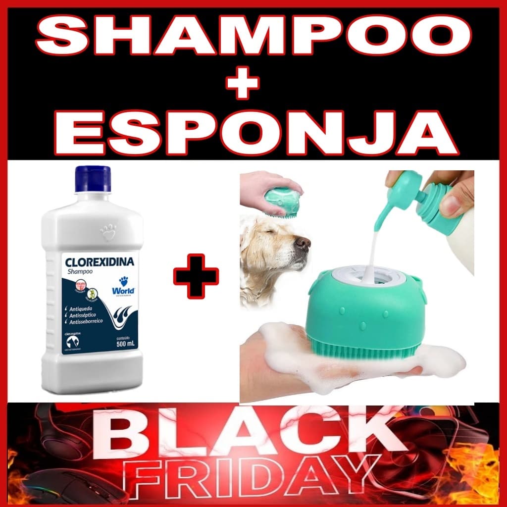 Shampoo Clorexidina 500ML + Esponja Banho de Silicone com Massageador Para Cães