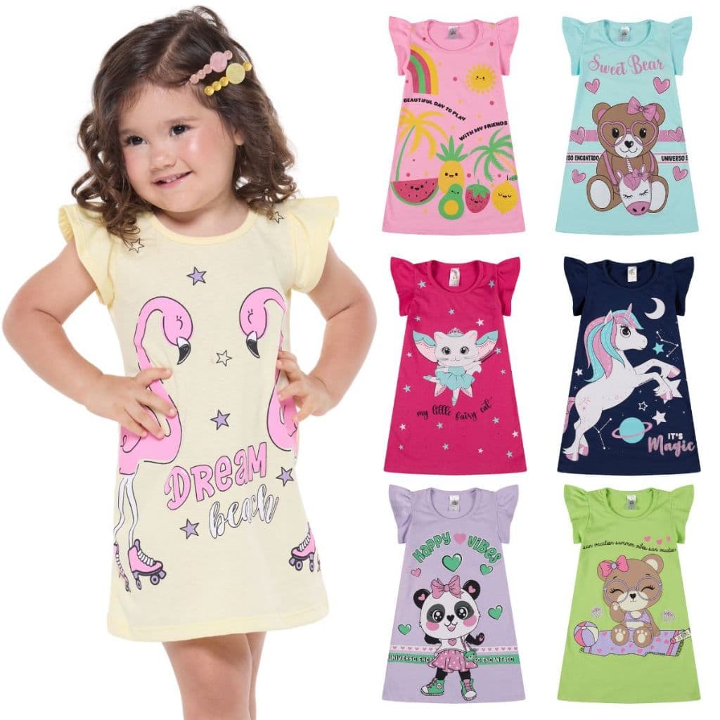 Kit 3 Vestido Bebe Menina Verão Estampados 100% Algodão com Mangas Franzidas - Kit Sortido Tamanhos 1 ao 10