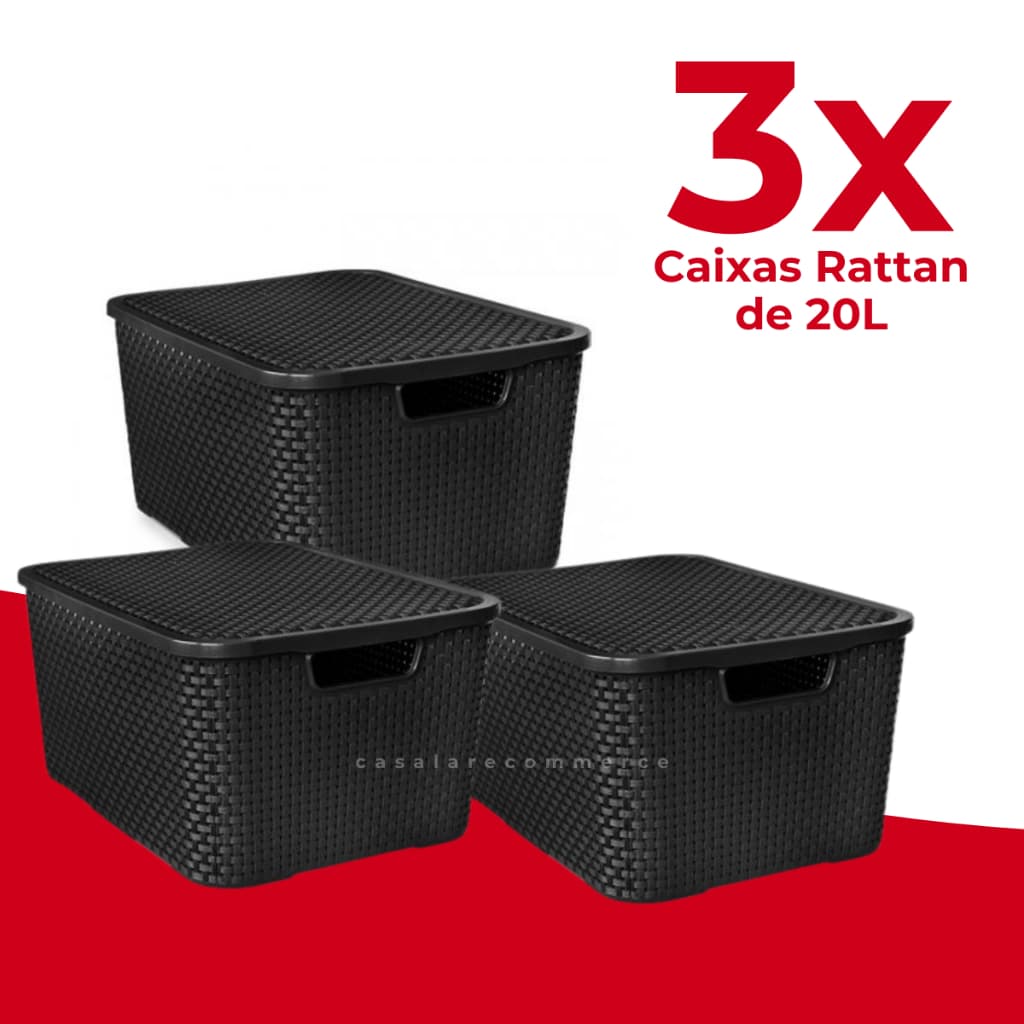 Kit 3 Caixa Organizadora 20L Rattan Preta Multiuso Organizador Armário Cozinha Quarto Brinquedos
