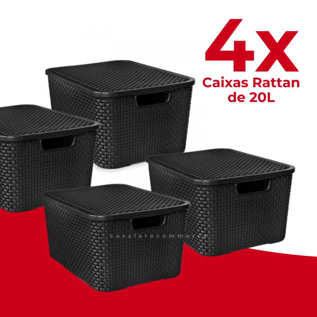 Kit 4 Caixa Organizadora Rattan 20L Preta Multiuso Cesto Organizador Armário Cozinha Brimquedos