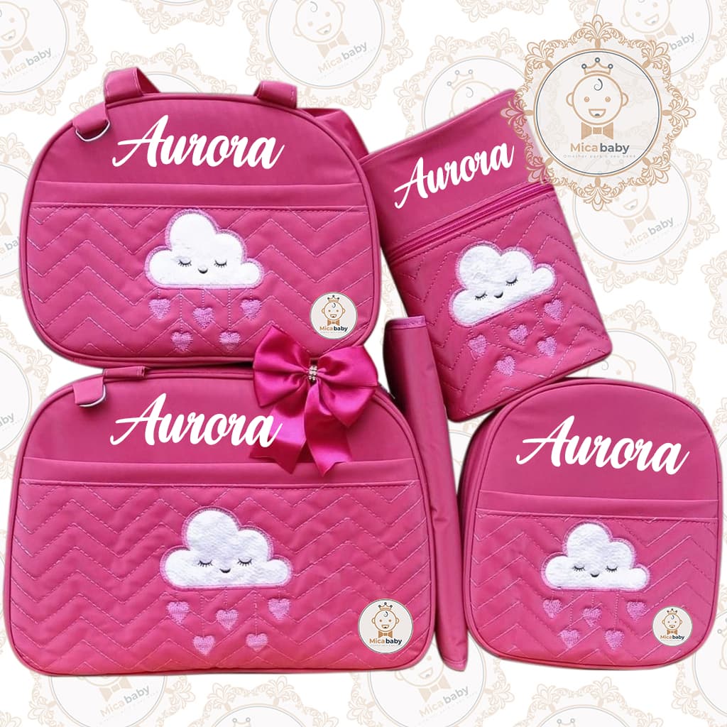 Bolsa Maternidade Kit 5 Peças Personalizado Nome do Bebe Nuvem Luxo Impermeável Enxoval