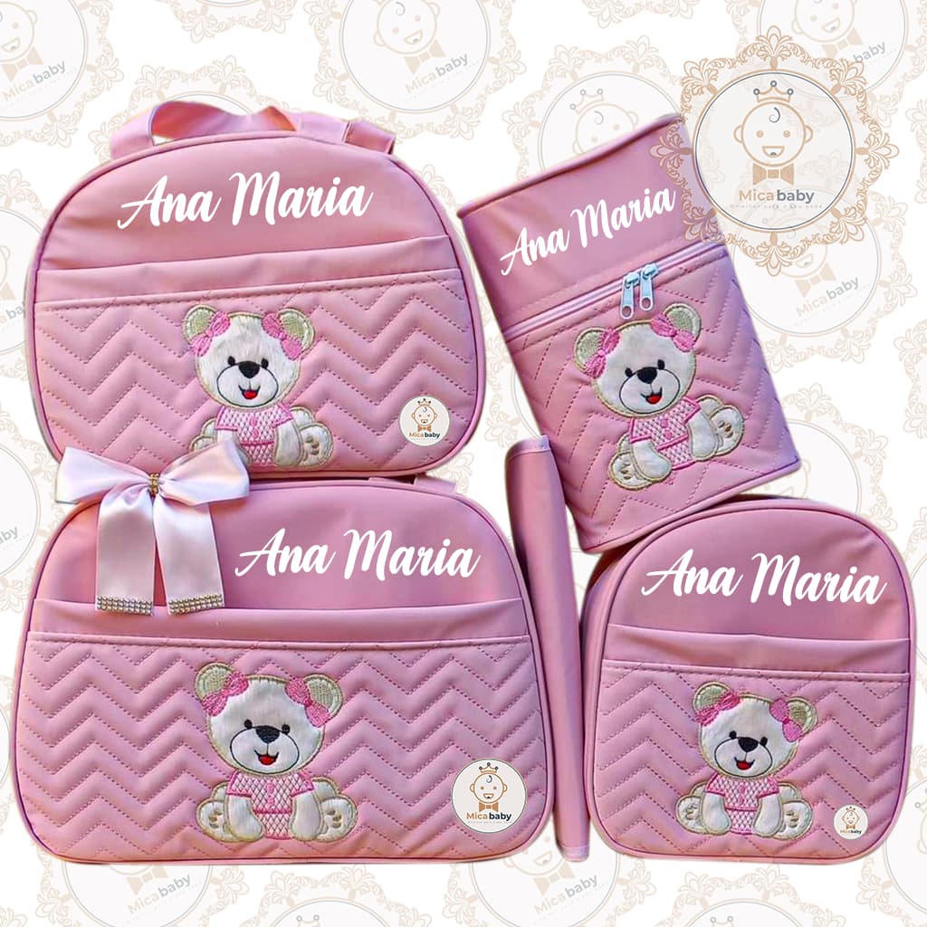 Bolsa maternidade Kit 5 Peças Personalizado Nome do Bebe Urso Sentado Luxo Impermeável Enxoval