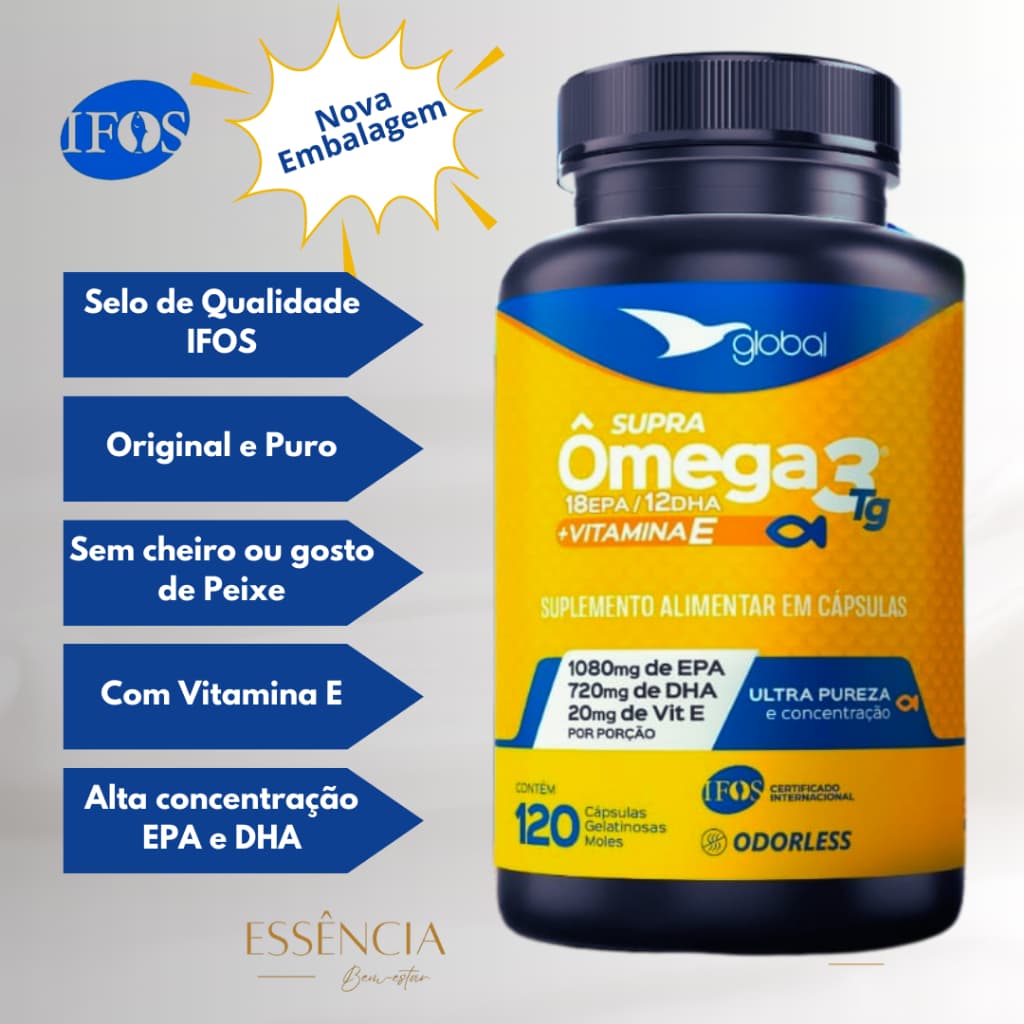 Omega 3 com Vitamina E 1800 mg  Selo IFOS (1080 mg de EPA 720 mg DHA + 20 mg Vit. E) 120 cápsulas