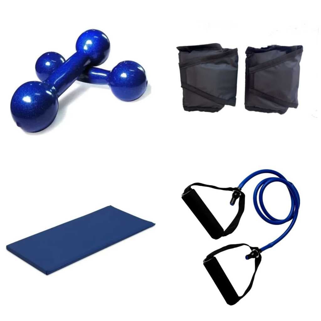 Kit Treino Profissional: Halter Azul 0,5kg + Caneleira Preta 0,5kg + Colchonete + Extensor