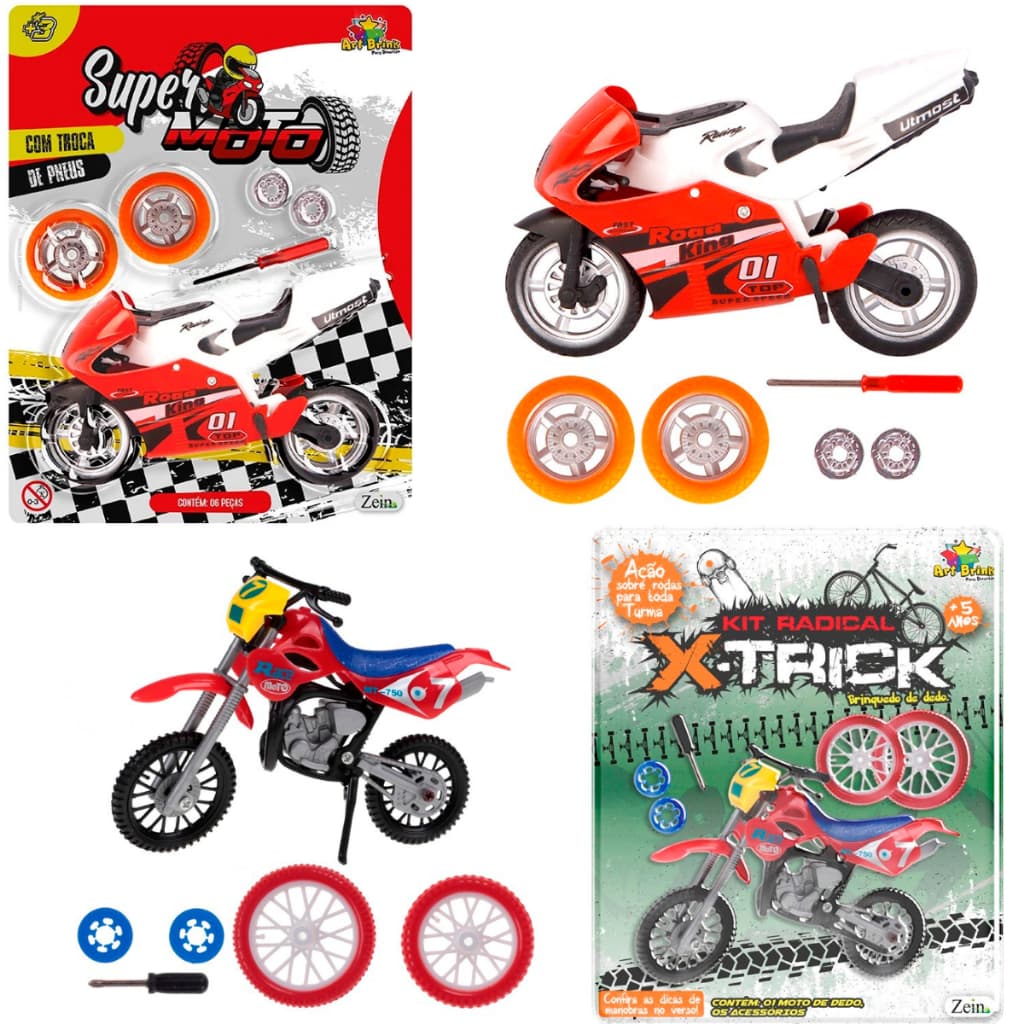kit super moto dedo corrida e moto de trilha com acessórios super presente para criança