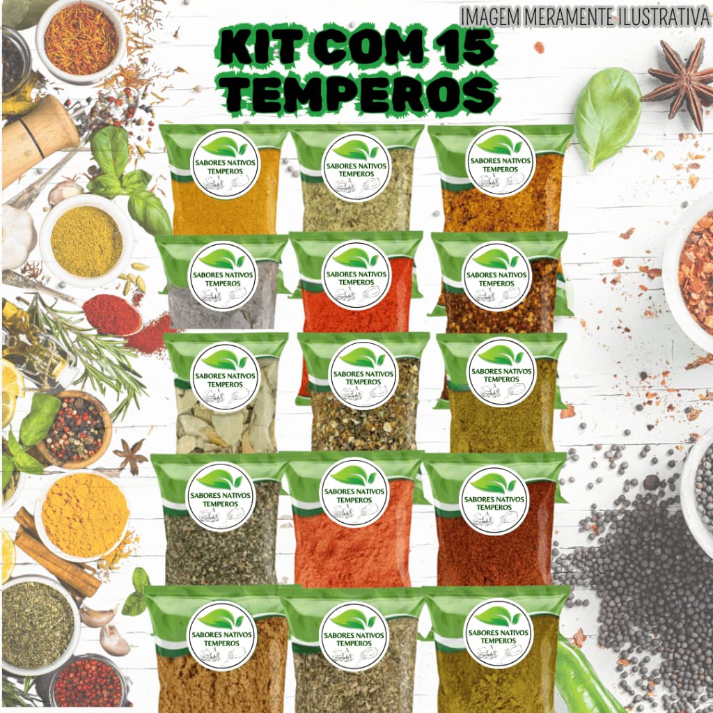 KIT TEMPEROS 15 - CHIMICHURRI, ALHO EM PÓ, BICARBONATO, LEMON PEPPER, TEMPERO BAIANO, CHIPOTLE...