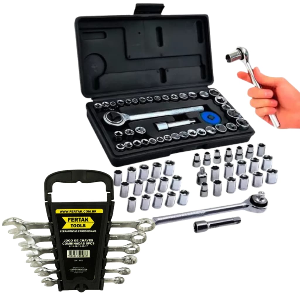 Kit Jogo De Ferramentas 46 Peças Chave Combinadas 6 peças e Jogo 40peças  Soquetes Catraca
