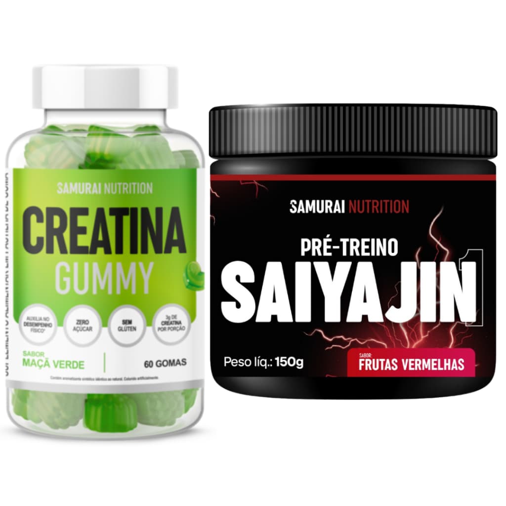 Kit 1x Creatina Gummy 60 Gomas Maça Verde + 1x Pré Treino Saiyajin 150g - Samurai Nutrition