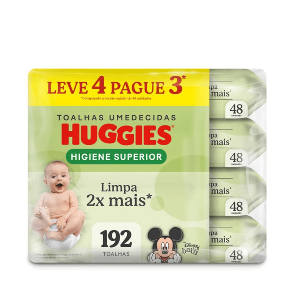 KIT C/4 PCT LENÇO UMEDECIDO HUGGIES MAX CLEAN  LIMPEZA SUPERIOR 192 UNID.