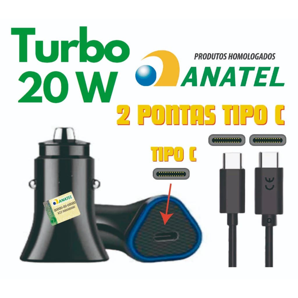 Carregador TURBO 20W Veicular Automotivo Carro + CABO 1 ou 2 metros PD TIPOC Anatel p/ SAMSUNG REDMI
