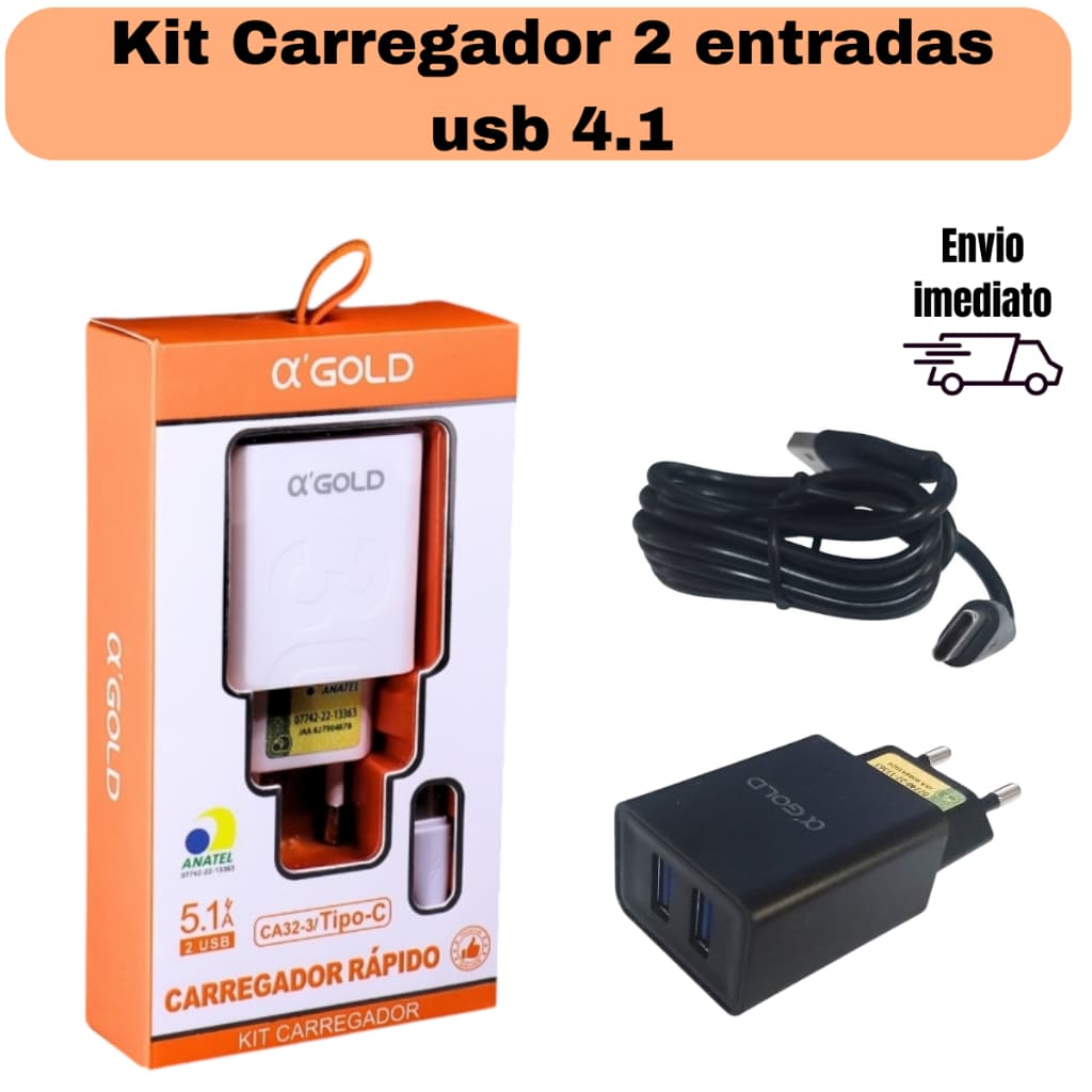 Carregador super rapido turbo power tipo c kit carregador 4.1 original a gold 2 usb