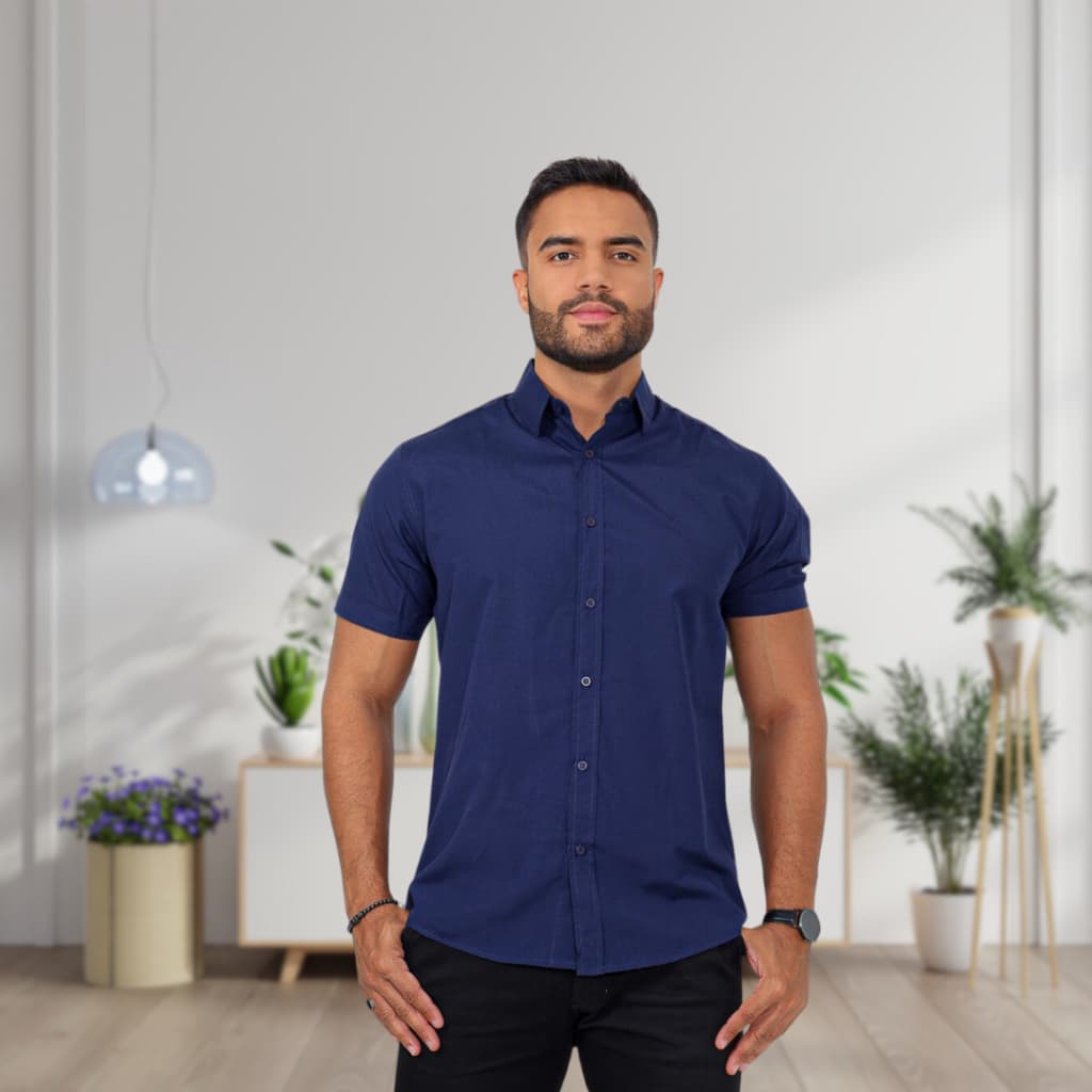 Camisa social masculina manga curta slim fit algodão luxo premium