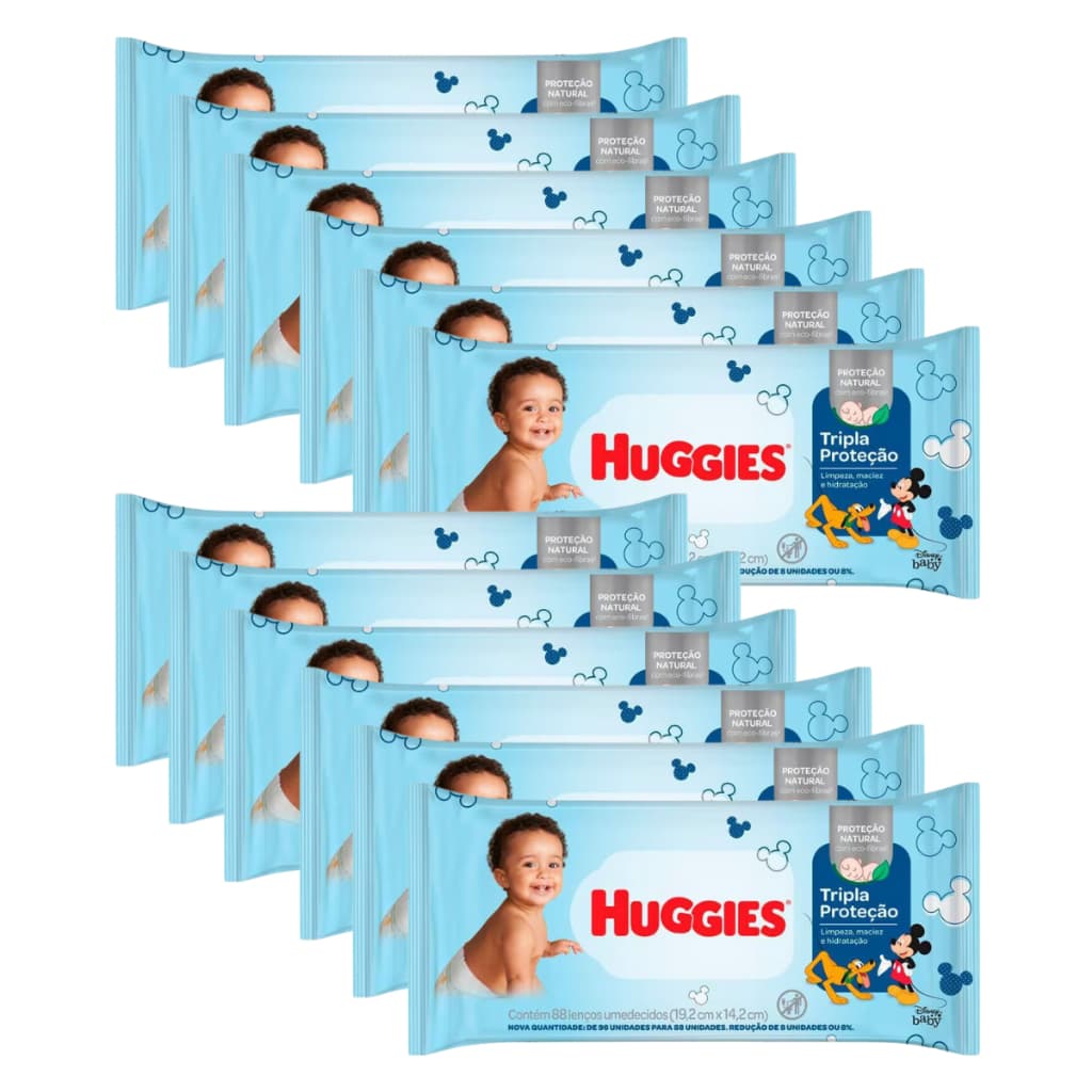 Kit 12 Pacotes de Lenços Umedecidos Huggies com 88 Unidades