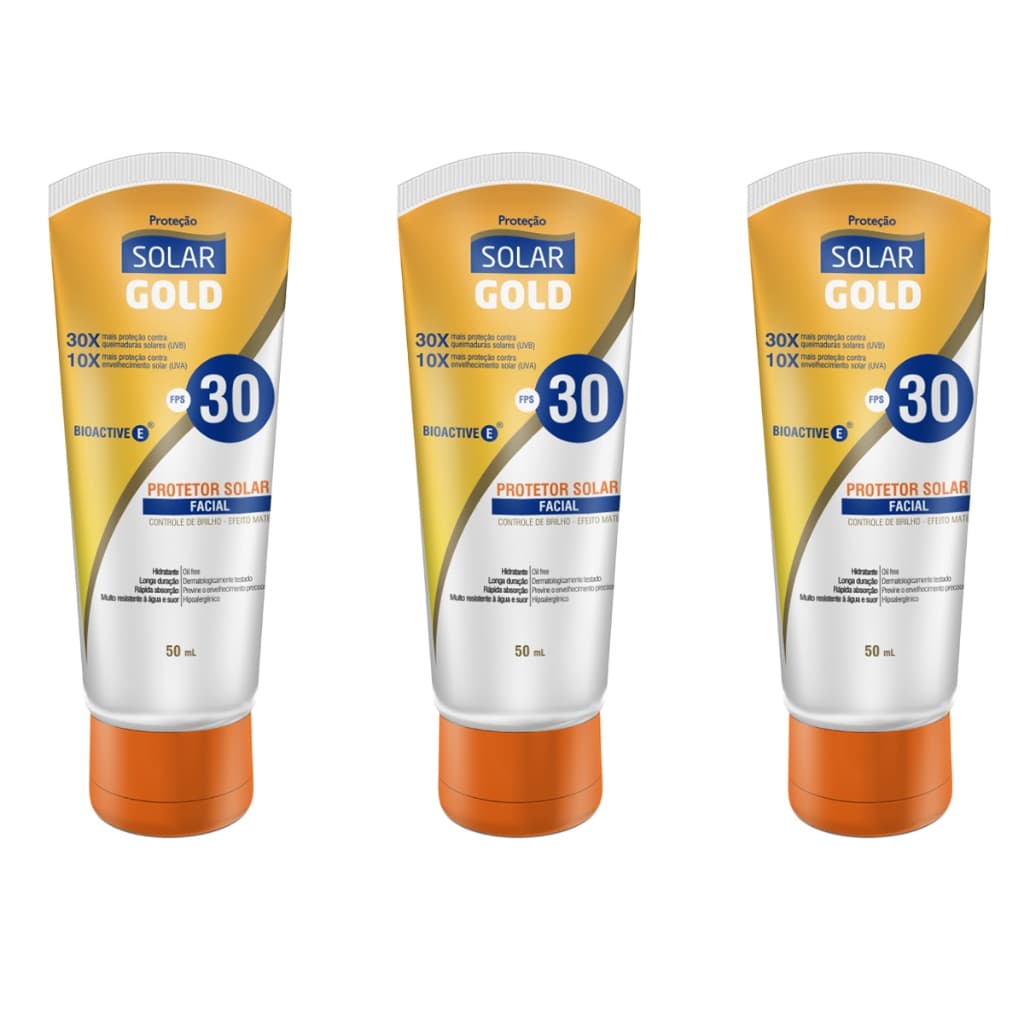 Kit 3un Protetor Solar Facial FPS 30 Toque Seco Proteção Diária 50ml Solar Gold