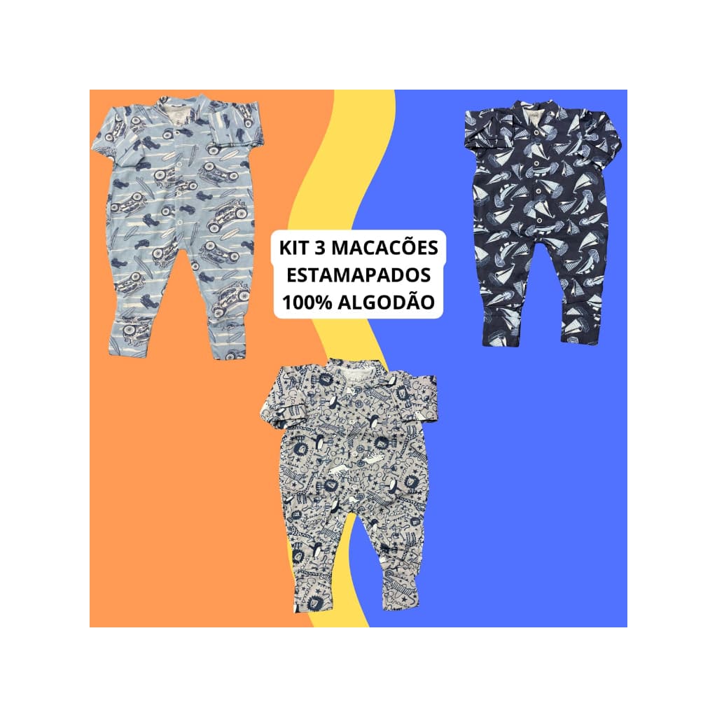 Kit com 3 Macacões Estampado malha 100% algodão com vira pé enxoval roupas de bebê infantil