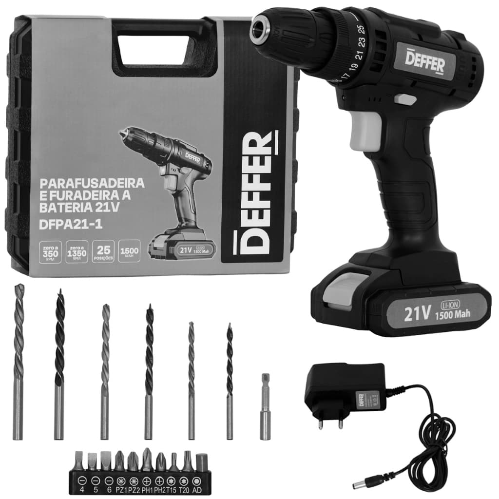 Parafusadeira e Furadeira a Bateria 21V Com Maleta + Kit Completo de Brocas e Bits - DEFFER