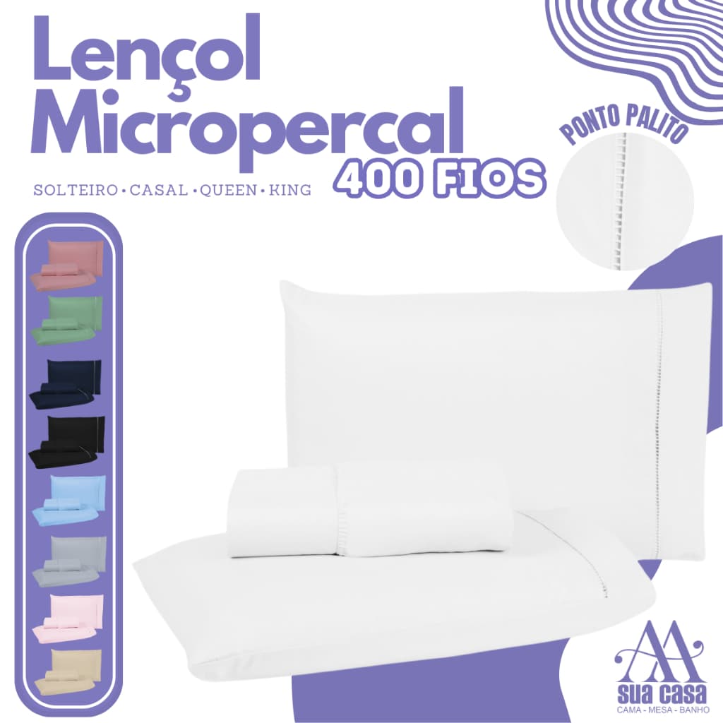 Jogo de Lençol Cama Solteiro Casal Padrão Queen e King Micropercal 400 Fios Ponto Palito