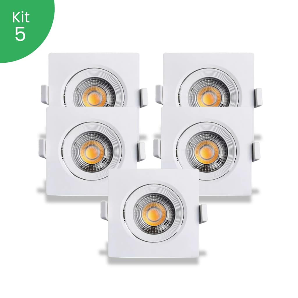 kit 5 Luminaria Spot Teto LED Branco quente 5W 3000K Quadrado Decoração Bivolt Embutir Gesso Sanca