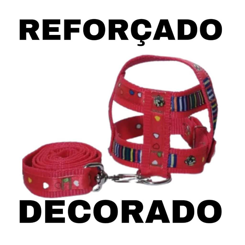 COLEIRA PEITORAL REFORÇADO ESTAMPADO E LISO + GUIA CÃES PORTE PEQUENO/MEDIO