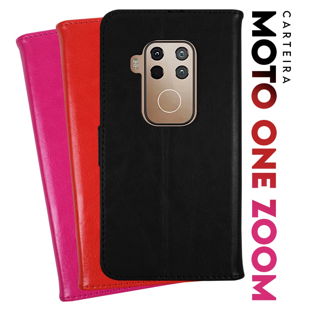 Capa Case Capinha Carteira Flip Cover Couro Sintético PRETA Para Motorola Moto One Zoom XT2010 tela 6.39 pol.