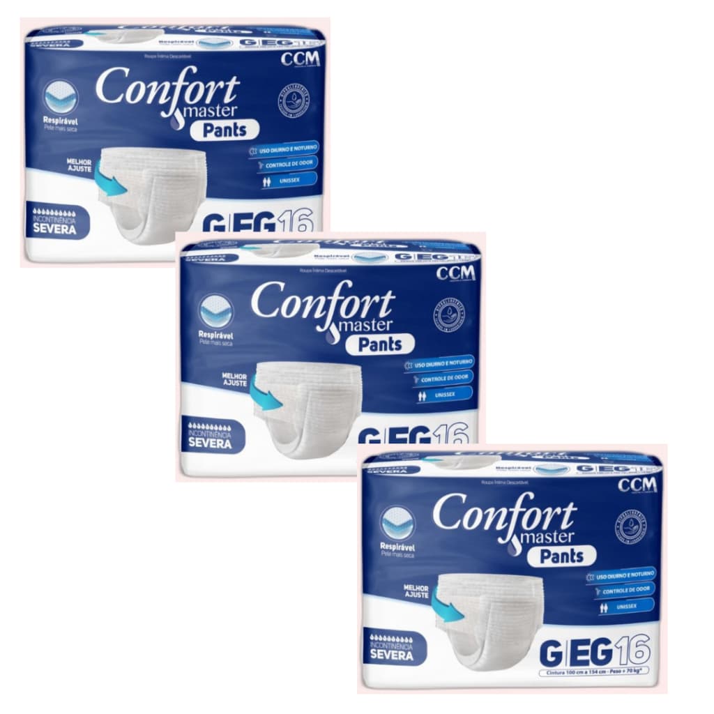 Kit 3 Pacotes Fralda Descartavel Geriatrica Adulto Confort Master Pants Incontinência Severa G/EG 48 Unidades