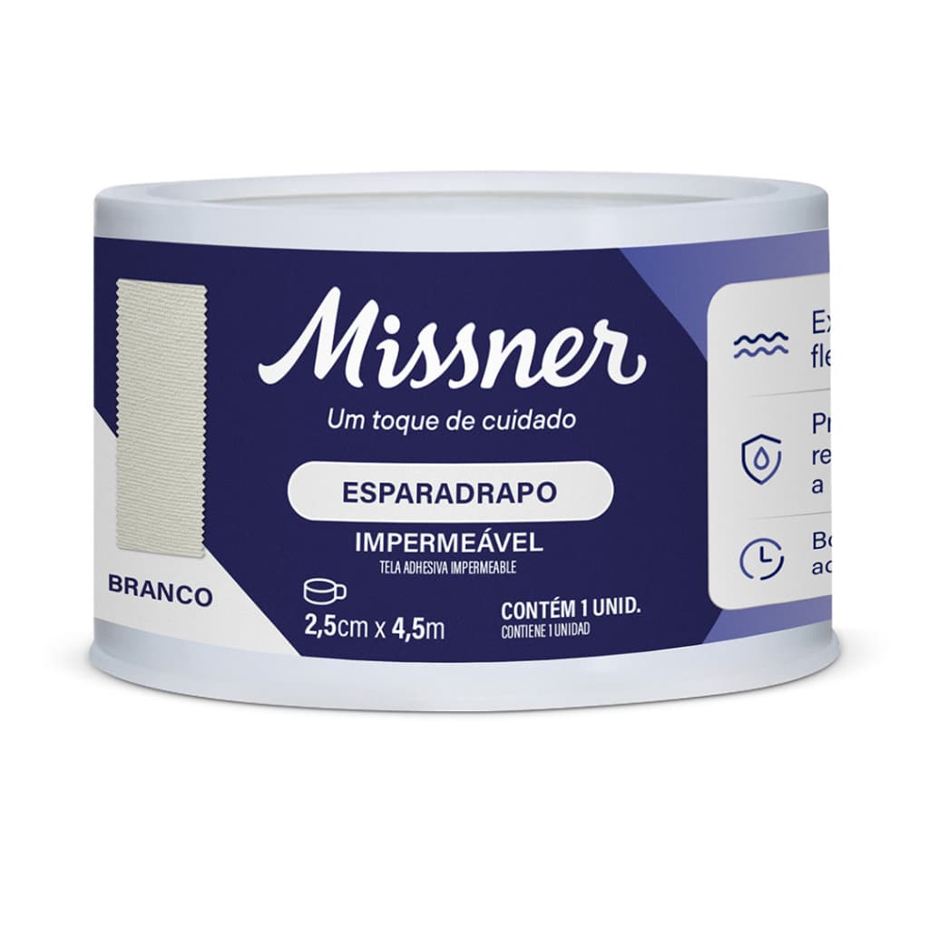 Kit Esparadrapo Impermeável Branco Missner 2,5cm x 4,5m