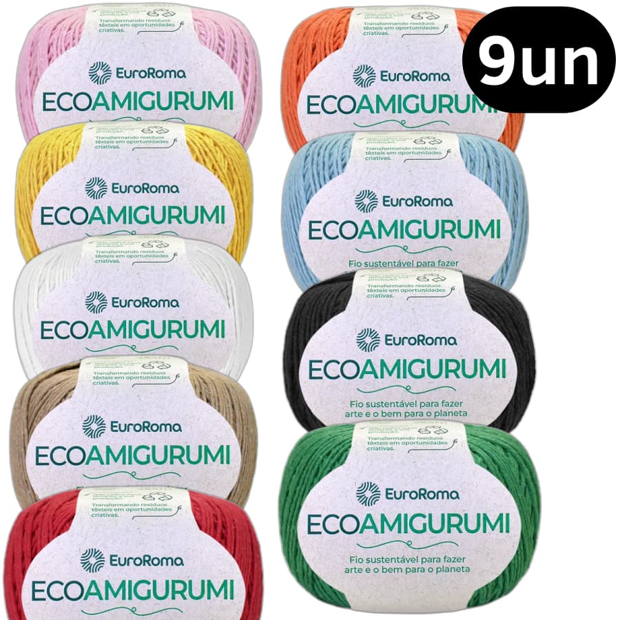 Kit 9 Linhas Ecoamigurumi Novelo 254 Metros Fio Sustentável Algodão Euroroma Crochê Amigurumi Tricô