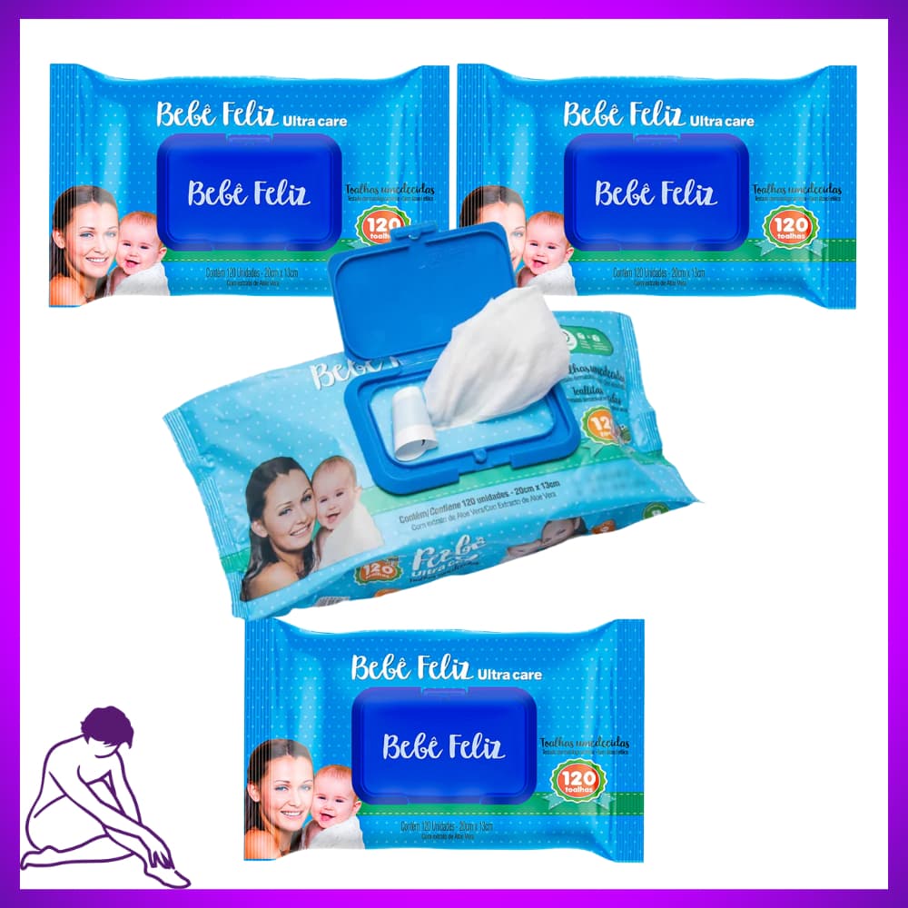 KIT 4 Toalhas Umedecidas Bebê Feliz 120 folhas Lenço Umedecido