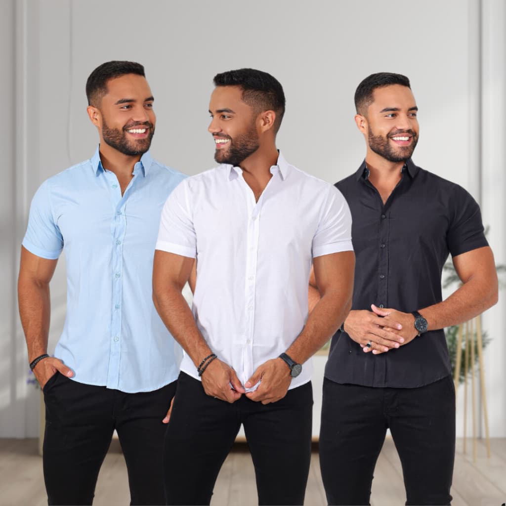Kit 3 camisas social masculina manga curta slim fit luxo sem bolso algodão premium