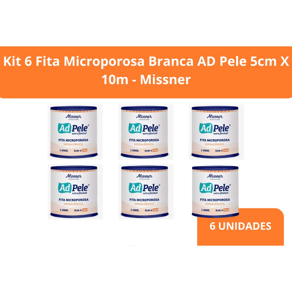 Kit 6 Fita Microporosa Branca AD Pele 5cm X 10m - Missner