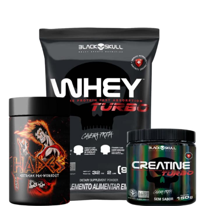 Kit Suplemento Combo Whey Turbo 907g + Creatina 150g + Pre Treino Hades 300g - Black Skull