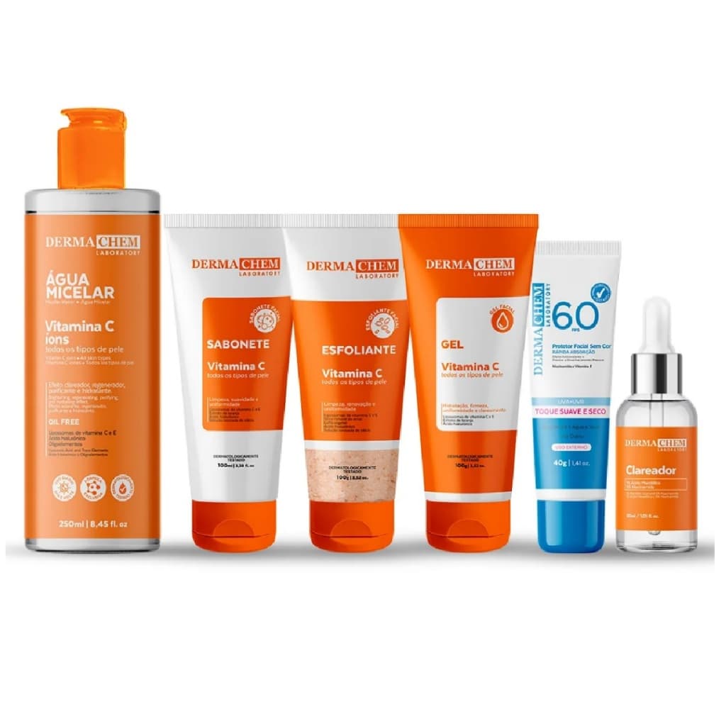 Kit Skin Care Completo Vitamina C Dermachem Autocuidado Clareador e Protetor Solar Facial 60FPS