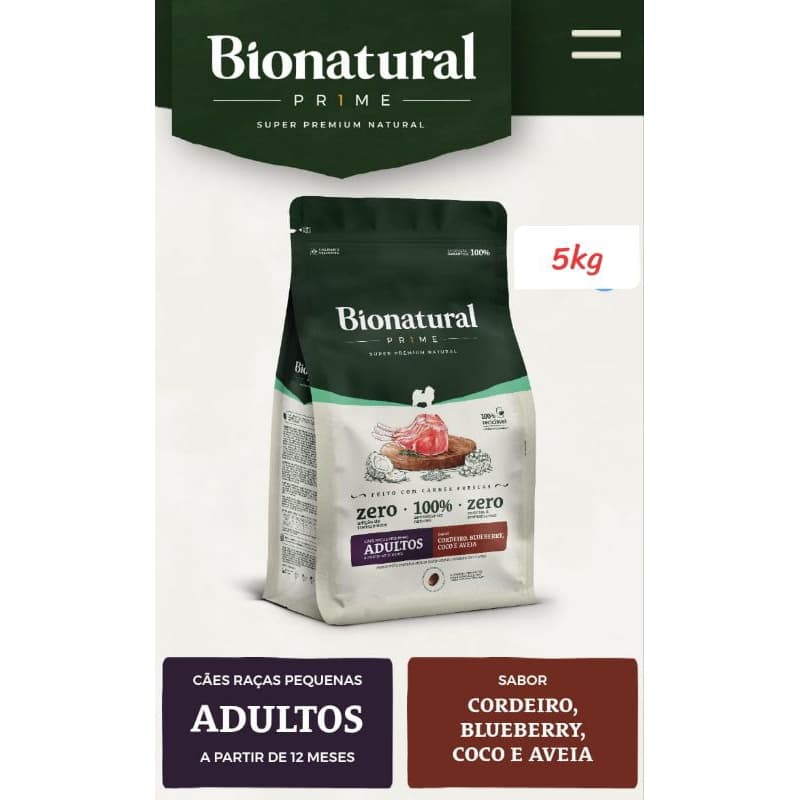 5kg a granel, BIONATURAL PRIME CORDEIRO, Super Premium Natural, Cães Adultos Pequeno Porte, ração para cachorro adulto.