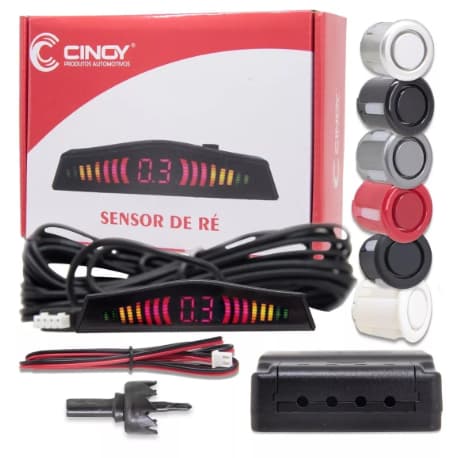 Sensor Ré Estacionamento Traseiro Universal Cinoy 4 Pontos Carro 12v Display LED Preto Brilho Fosco Branco Prata