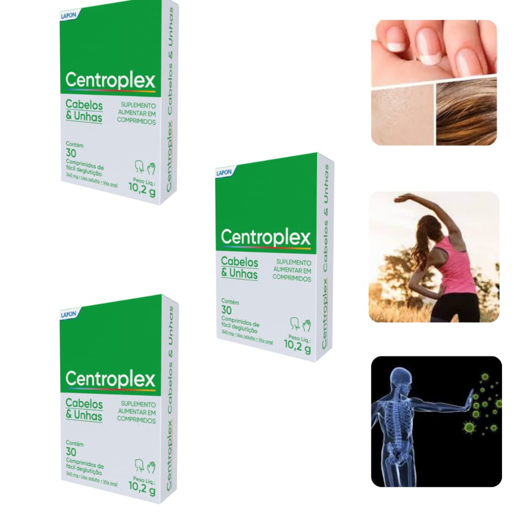Kit 3 Centroplex Cabelos e Unhas Suplemento Alimentar Vitamina A D3 C B3 B6 B7 Zinco Ferro Cobre Selênio