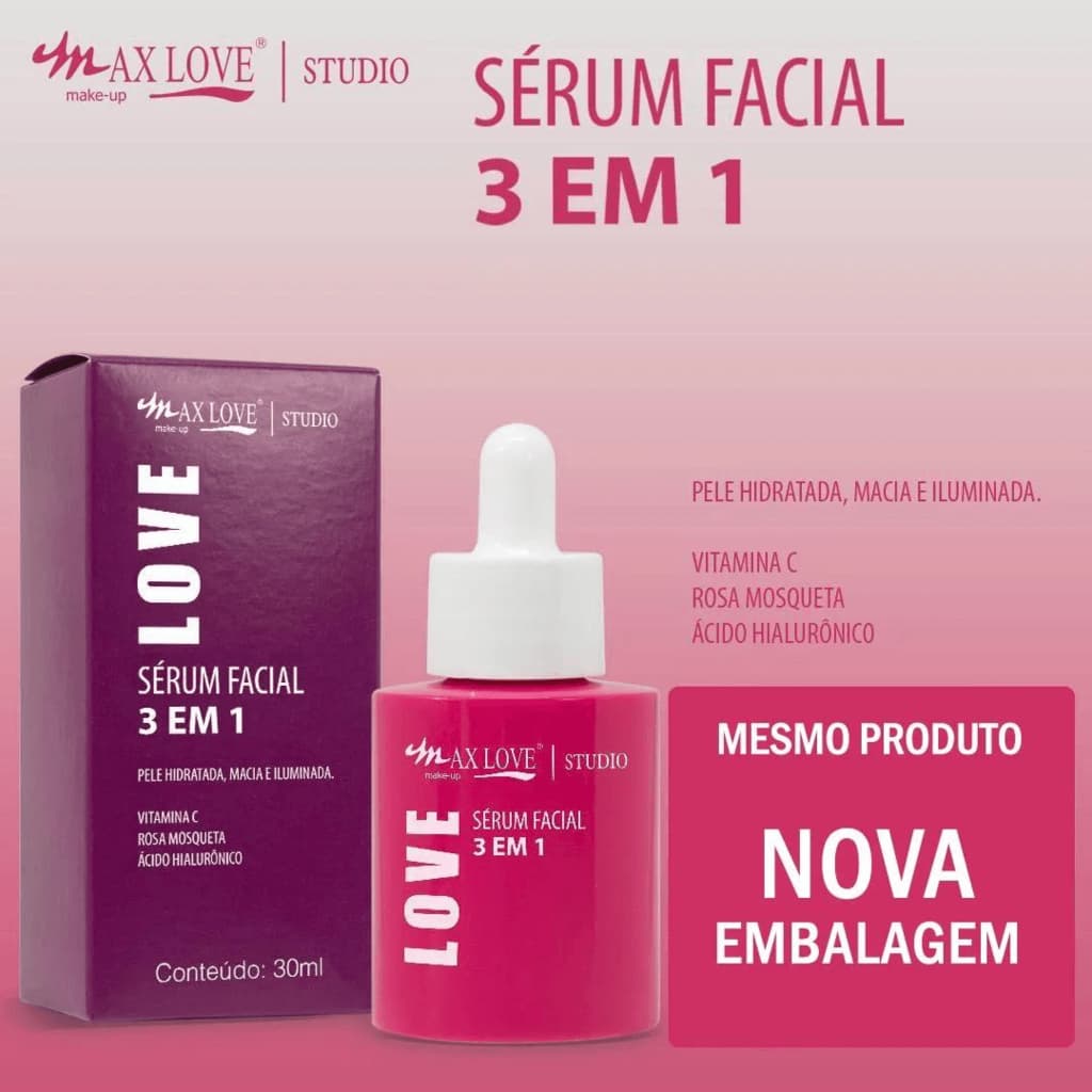 Sérum Facial 3 Em 1 Vitamina C + Rosa Mosqueta + Ácido Hialurônico 30ML Max Love