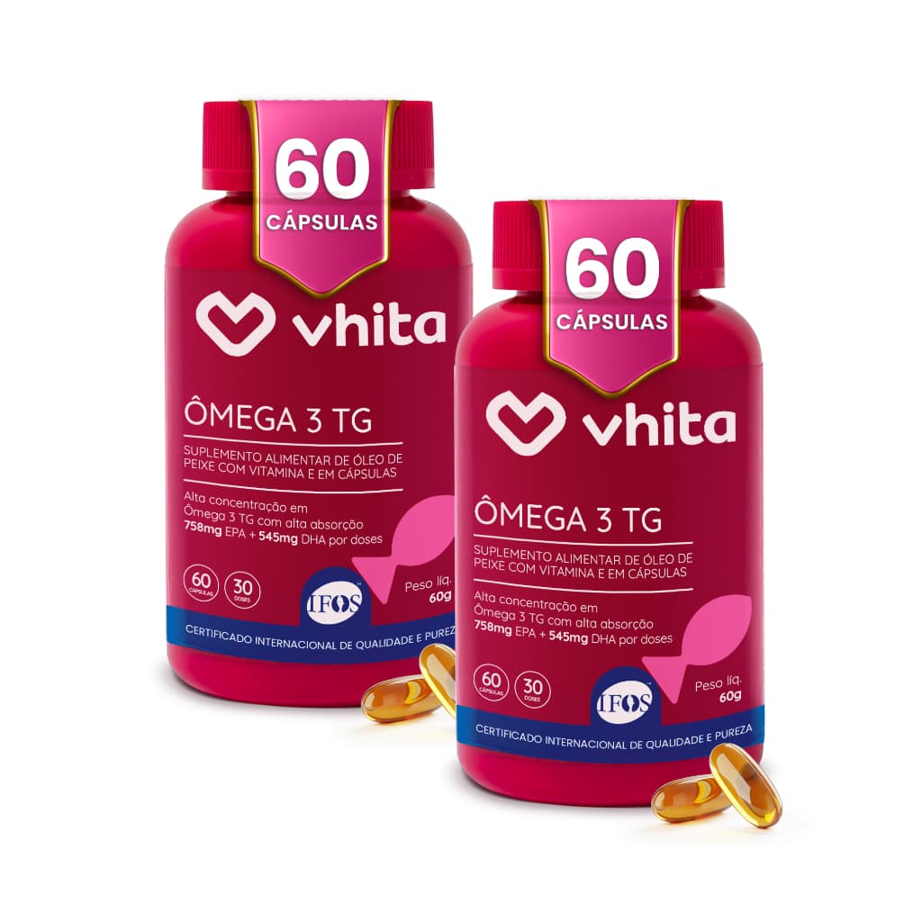 Ômega 3 1000mg TG Importado e rico EPA DHA com selo IFOS e Vitamina E de 60 caps Vhita (2 unidades)