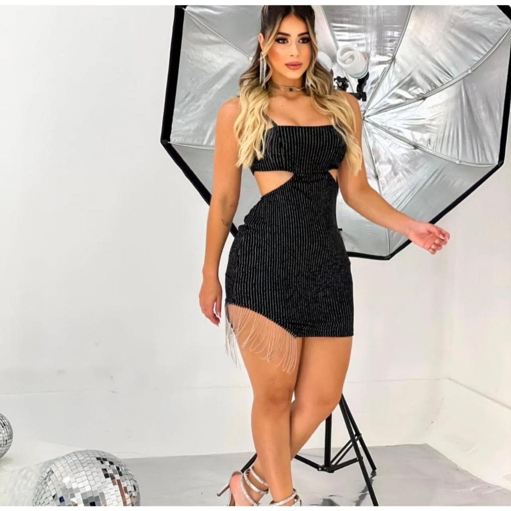 Vestido Feminino Franja Perna Strass Abertura Cintura Vestido Noite