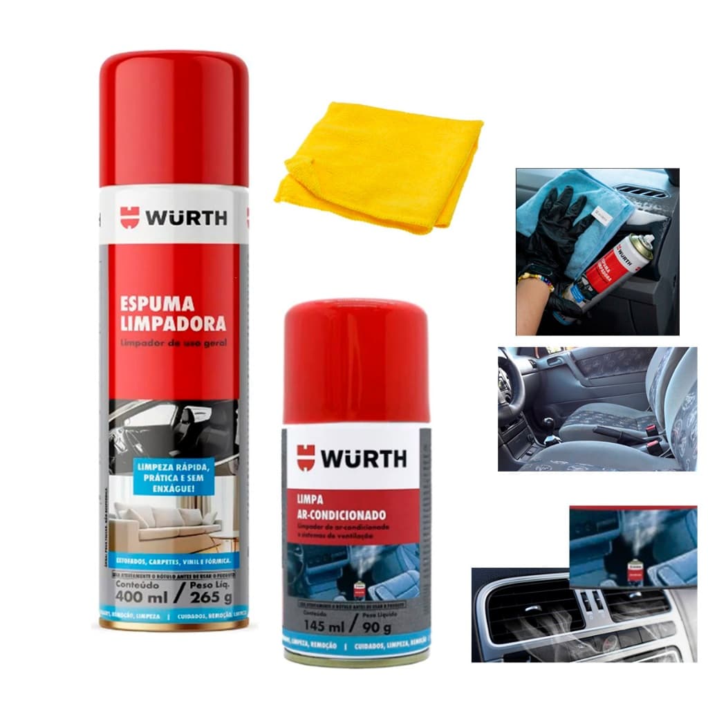 LIMPA ESTOFADO  ESPUMA MÁGICA LIMPA TUDO 400ML + LIMPA AR CONDICIONADO AUTOMOTIVO (CARRO CARRO NOVO) KIT WURTH