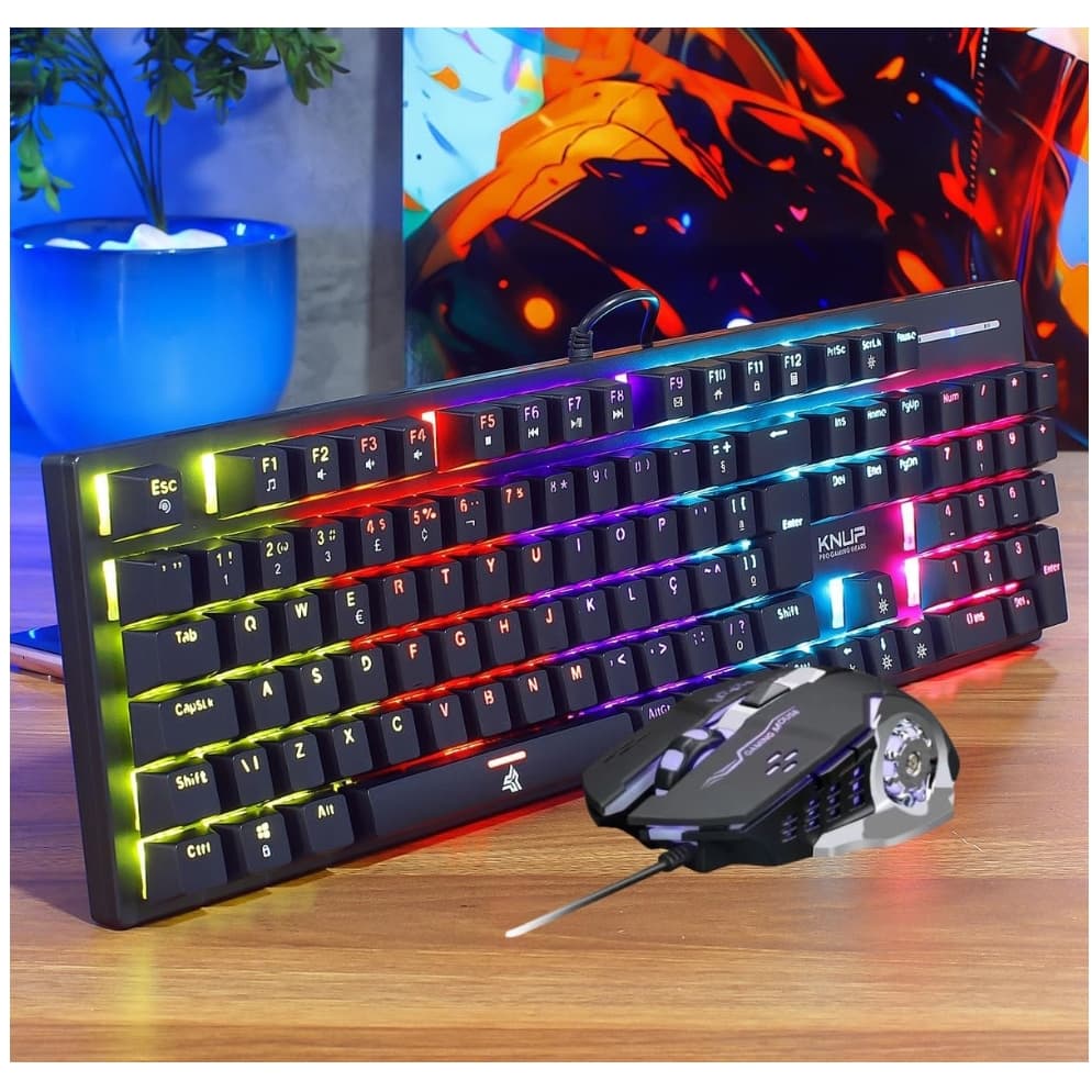 Kit Teclado Mecânico Gamer Switch Blue Led  + Mouse Mouse Ergonomico Led RGB Rainbow