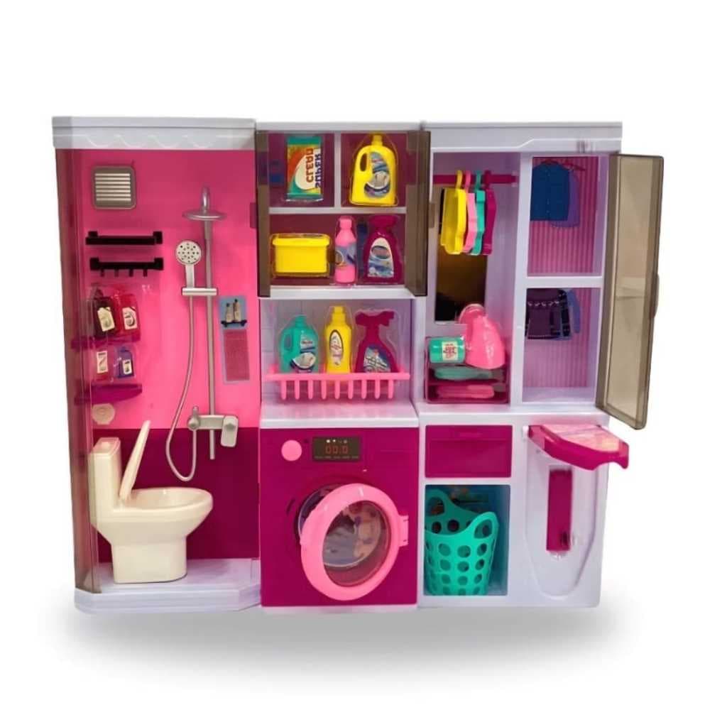Casa De Boneca Infantil Banheiro E Lavanderia Com Acessórios E Utensílios Interativa Luz E Som