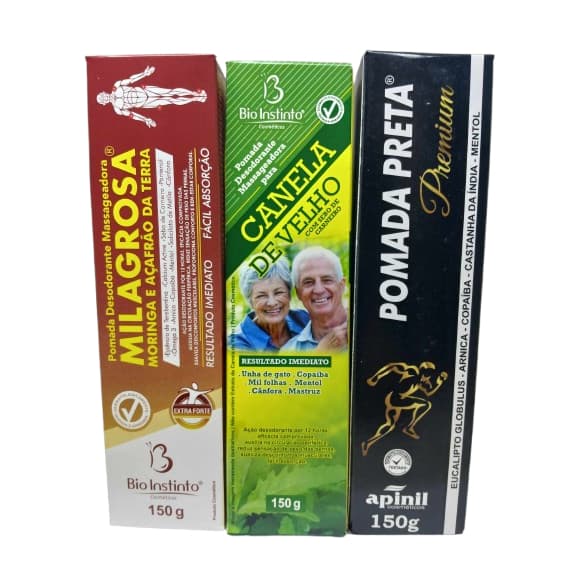 Kit 3 Pomadas Milagrosa, Pomada Preta e Pomada Canela de Velho 150g